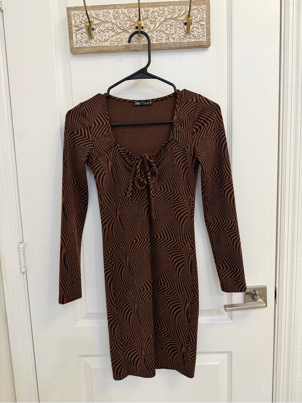 Zara Long Sleeve Brown Patterned Bodycon Dress
